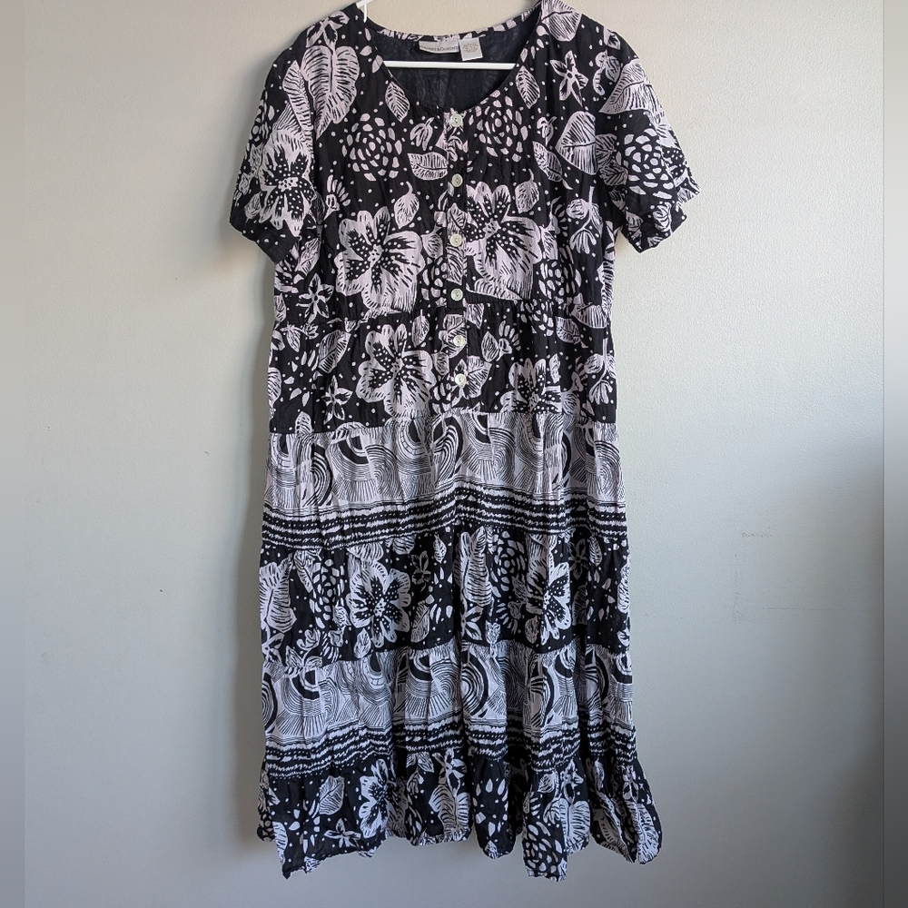 Draper’s & Damon’s‎ Black White Floral Cotton Midi Dress Size Large Cottagecore